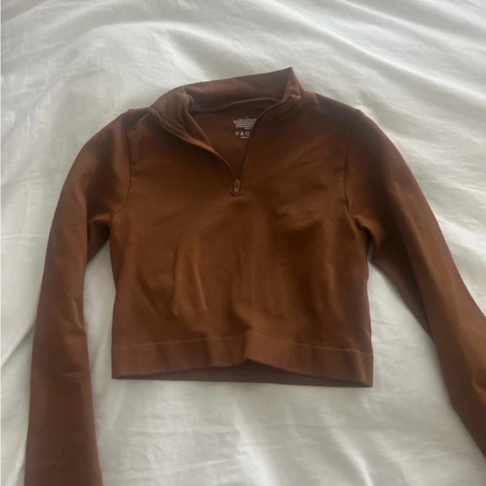 Cropped Brown Quarter-Zip Pullover